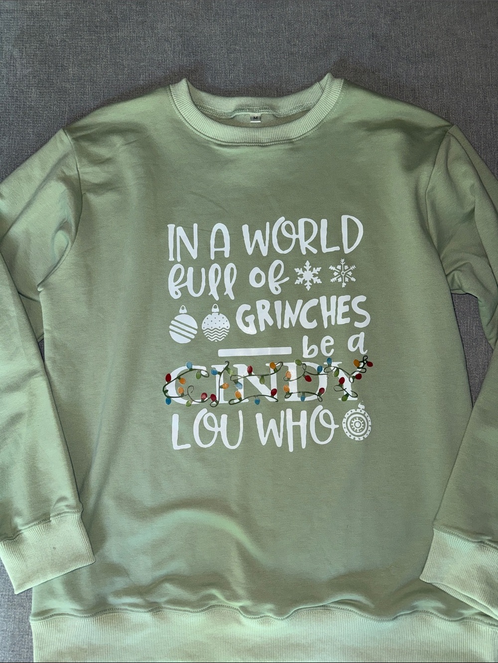 Women’s Light Green Grinch/Cindy Lou Who Long Sleeve Sweatshirt
